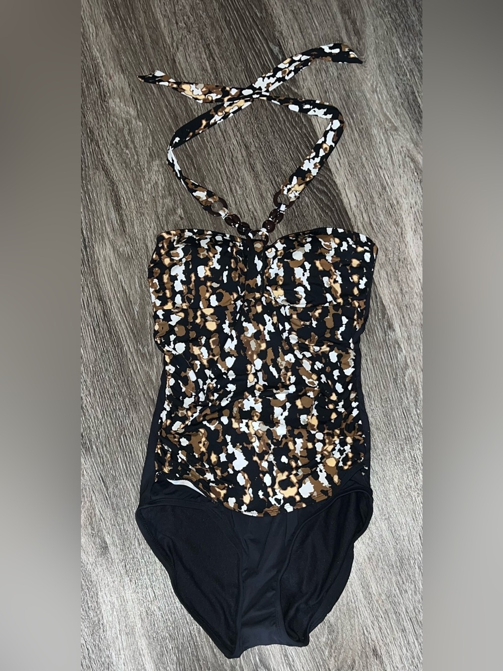 NNW Dana Buchman Black & Brown Patterned One-Piece Halter Swimsuit Size 10